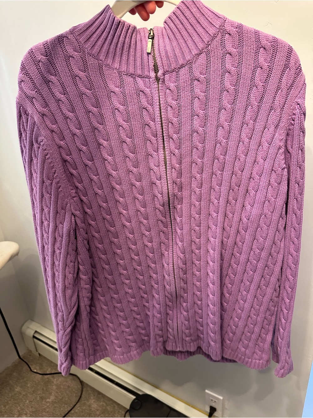 L.L. Bean Lavender Cable-Knit Zip Mock-Collar Cardigan